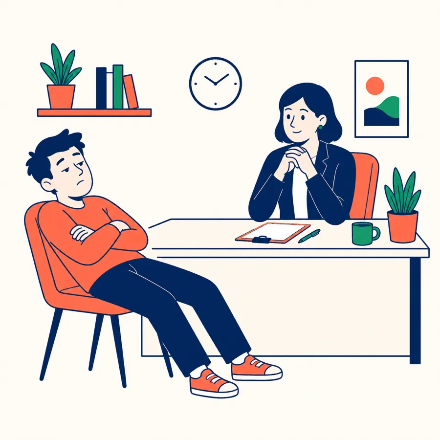 Slouched, closed-off posture in an interview