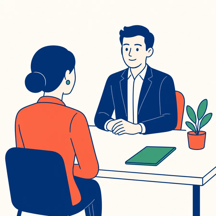 Confident, upright, open posture in an interview